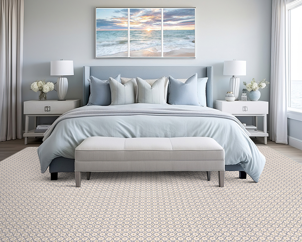 Custom Area Rug in a bedroom with pastel blue bedding