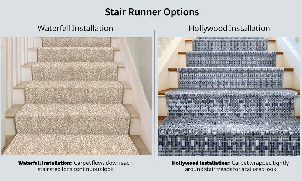 Comparison of Hollywood vs waterfall stair runner installation styles, showing wrapped carpet on the left and flowing carpet on the right.