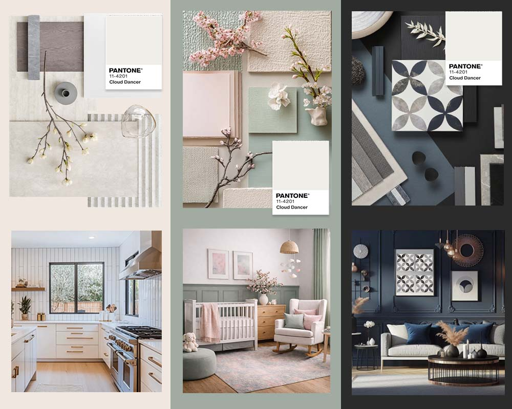 Neutral, pastel and dark moody mood boards and rooms