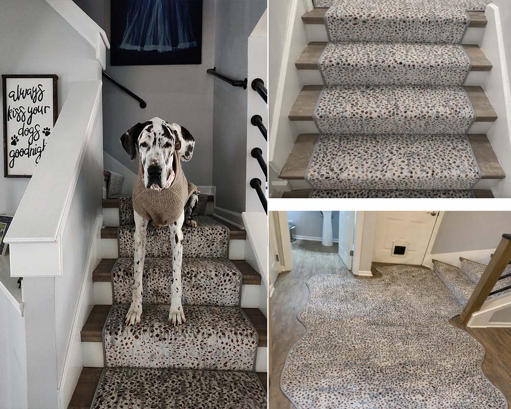 Patterned custom stair runner with matching dog 
