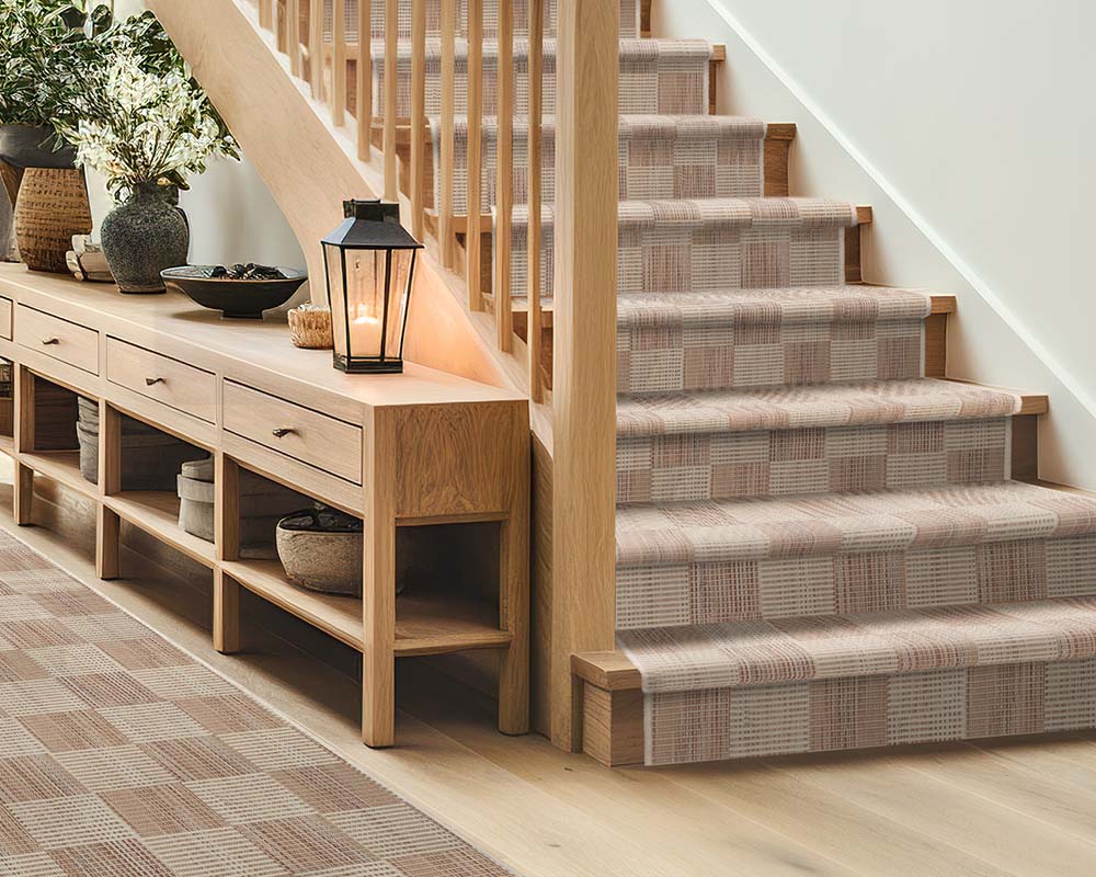 Patterned custom stair runner with matching area rug 