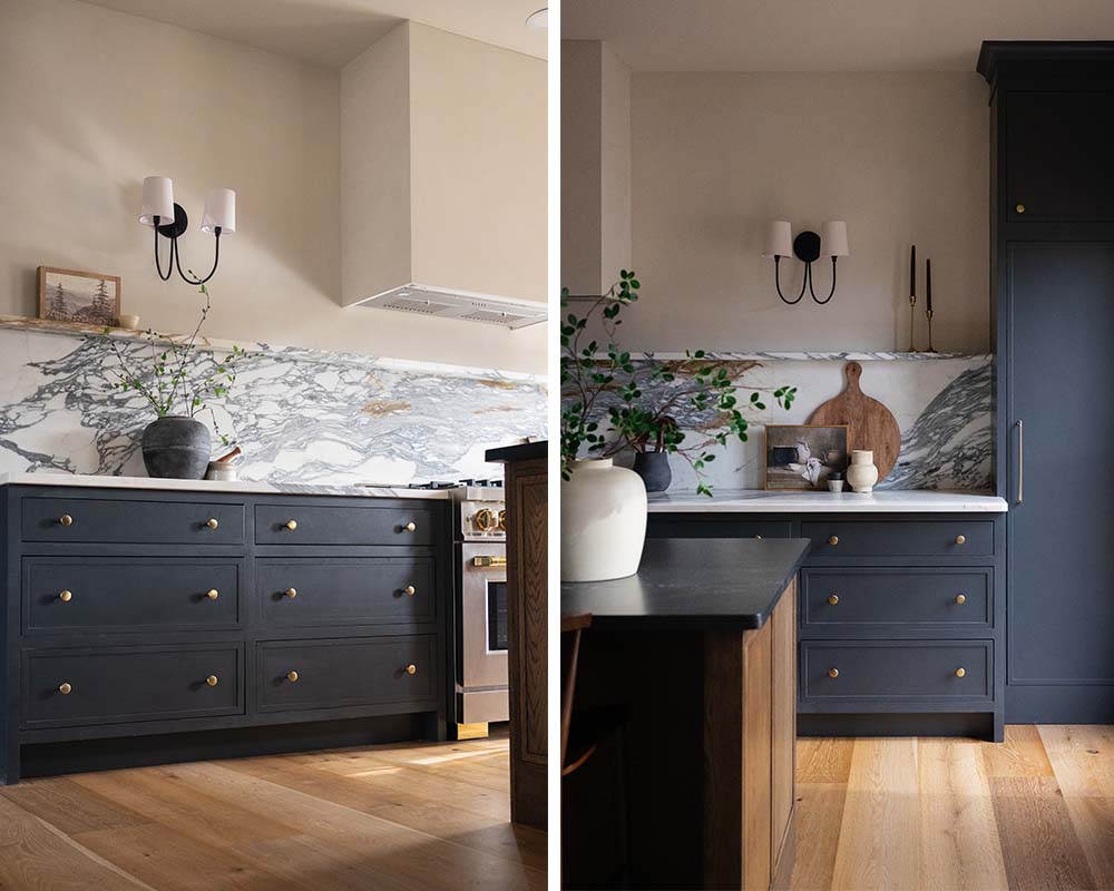 Views of new hardwood in a remodeled kitchen with blue cabinets