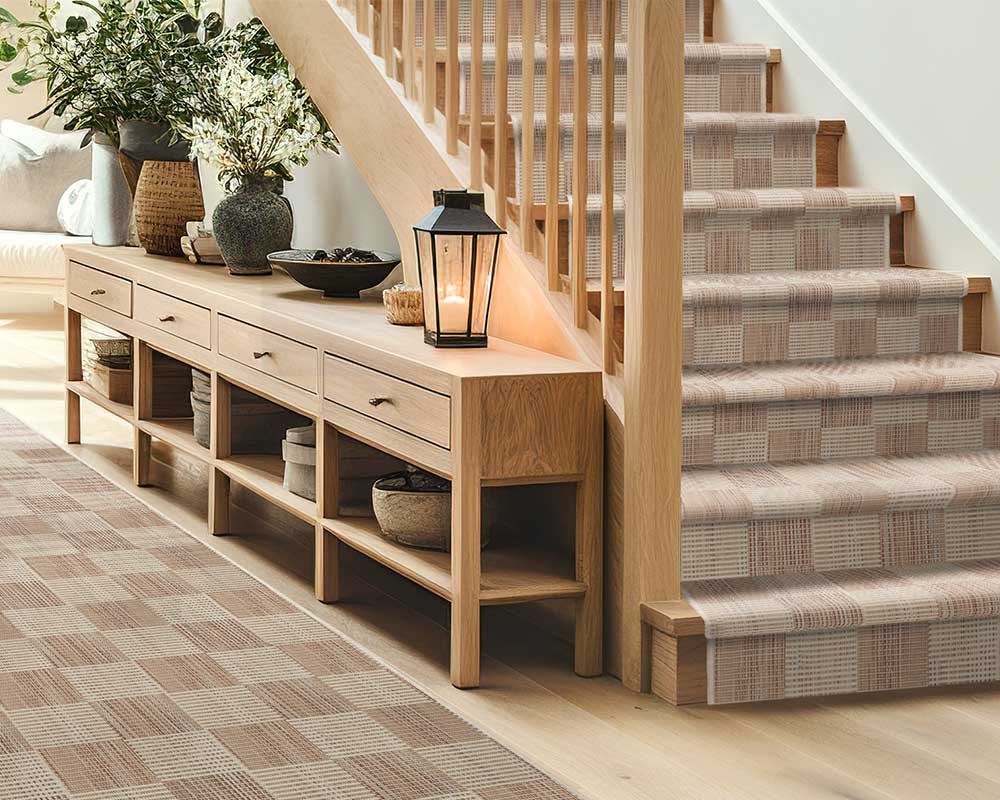 Hallway with matching patterned area rug and stair runner.