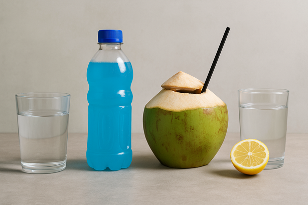 A comparison of different drinks: a glass of water, a sugary sports drink, and a glass with a healthy electrolyte powder mix.