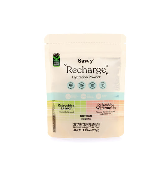 A clean, elegant product shot of Savvy's electrolyte powder.