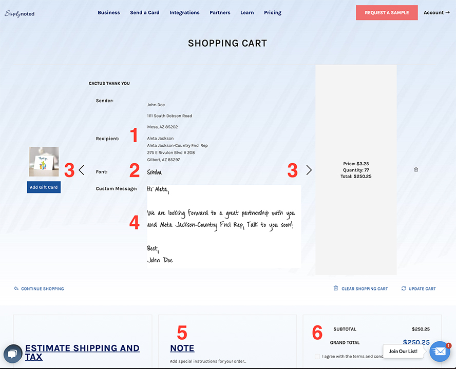 This shows the final ordering screen with sections numbered for reference.