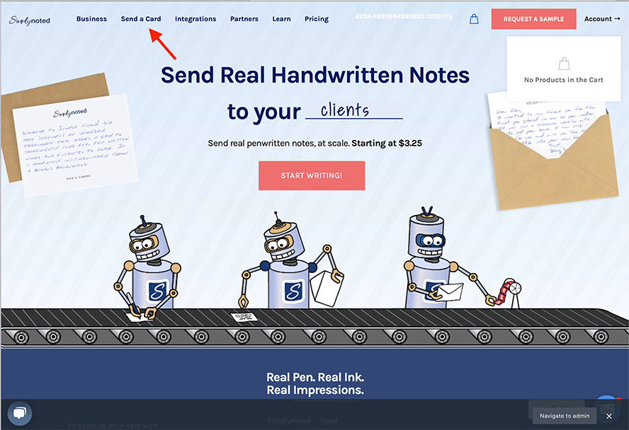 The Simply Noted home page with an arrow pointing to Send a Card