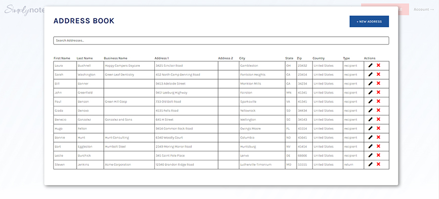 A list of addresses in Simply Noted