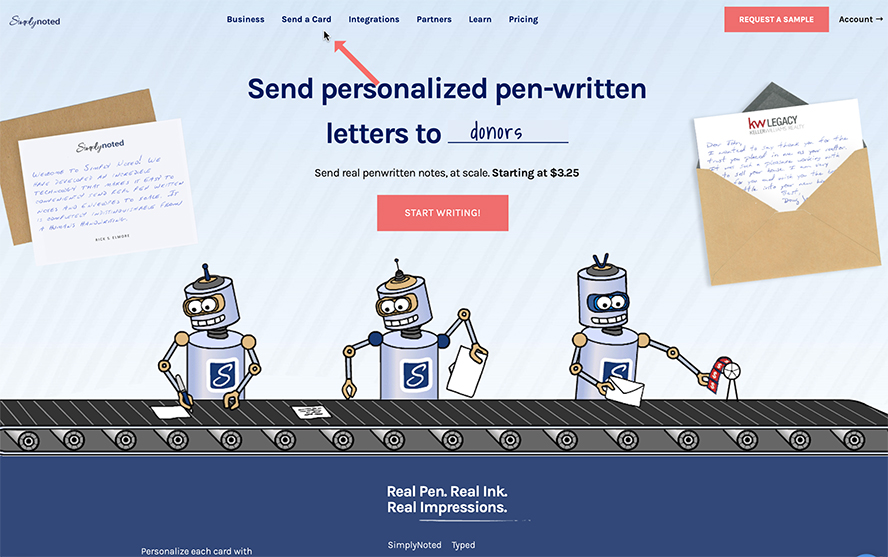 The Simply Noted home page showing someone clicking "Send a Card"