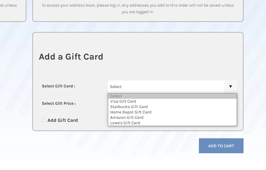 Selecting the type of gift card you want in the Simply Noted interface.