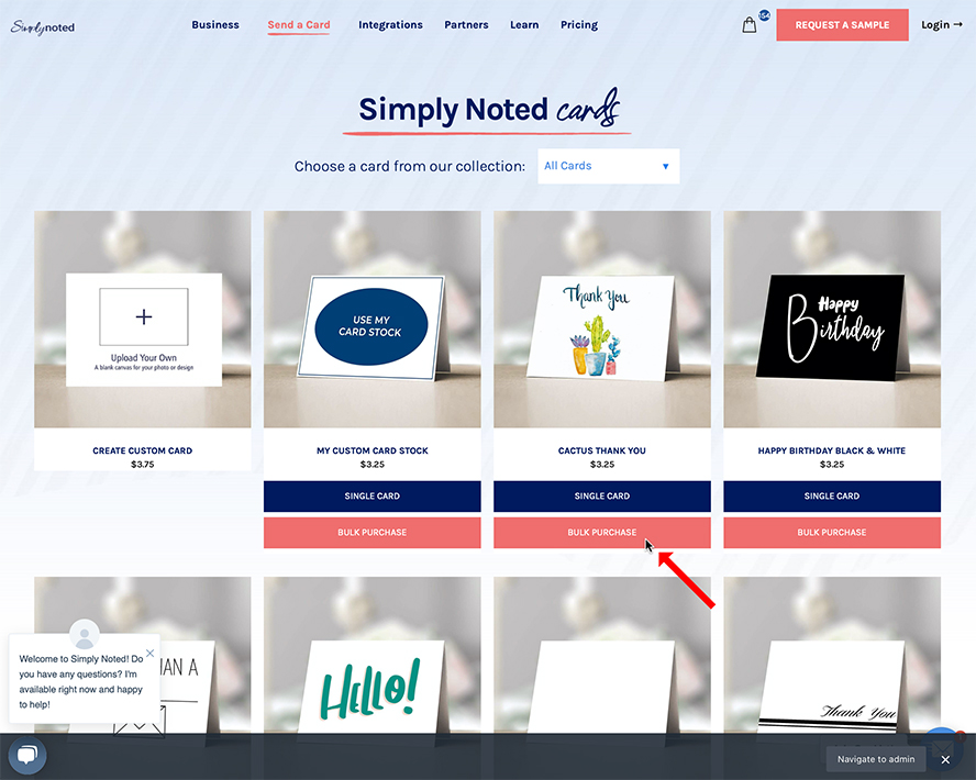 Simply Noted's card selections with an arrow pointing to the Bulk Purchase button