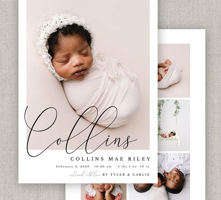 A birth announcement with a baby swaddled.