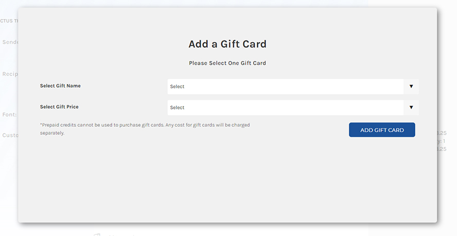 The dialogue box that pops up when you click "Add Gift Card" in the shopping cart.