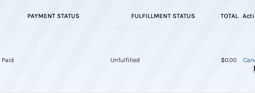 Close up on the order history showing the status of the job as "unfulfilled."