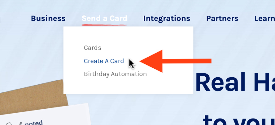 Close up on the Send a Card menu with an arrow pointing to Create a Card.