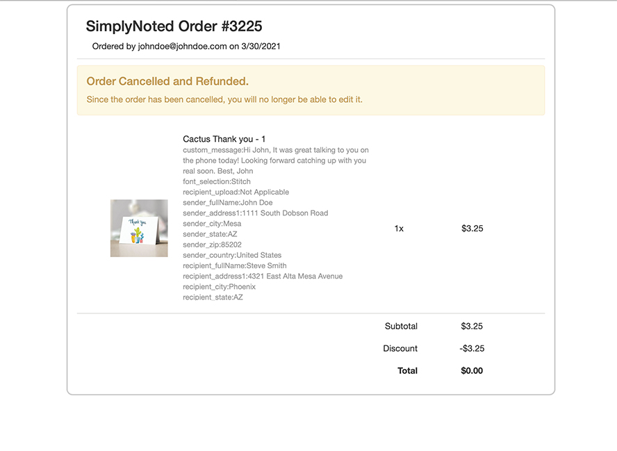 This shows a confirmation at the top that the order has been canceled.