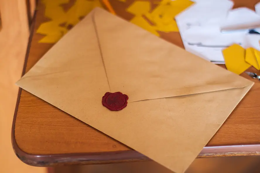 A handwritten card in an envelope, sitting on a table.