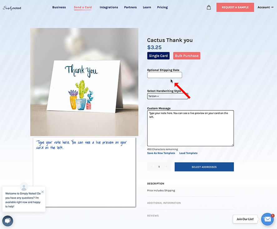 This is the ordering page for the Cactus Thank You card. There's an arrow pointing to the Optional Shipping Date field.