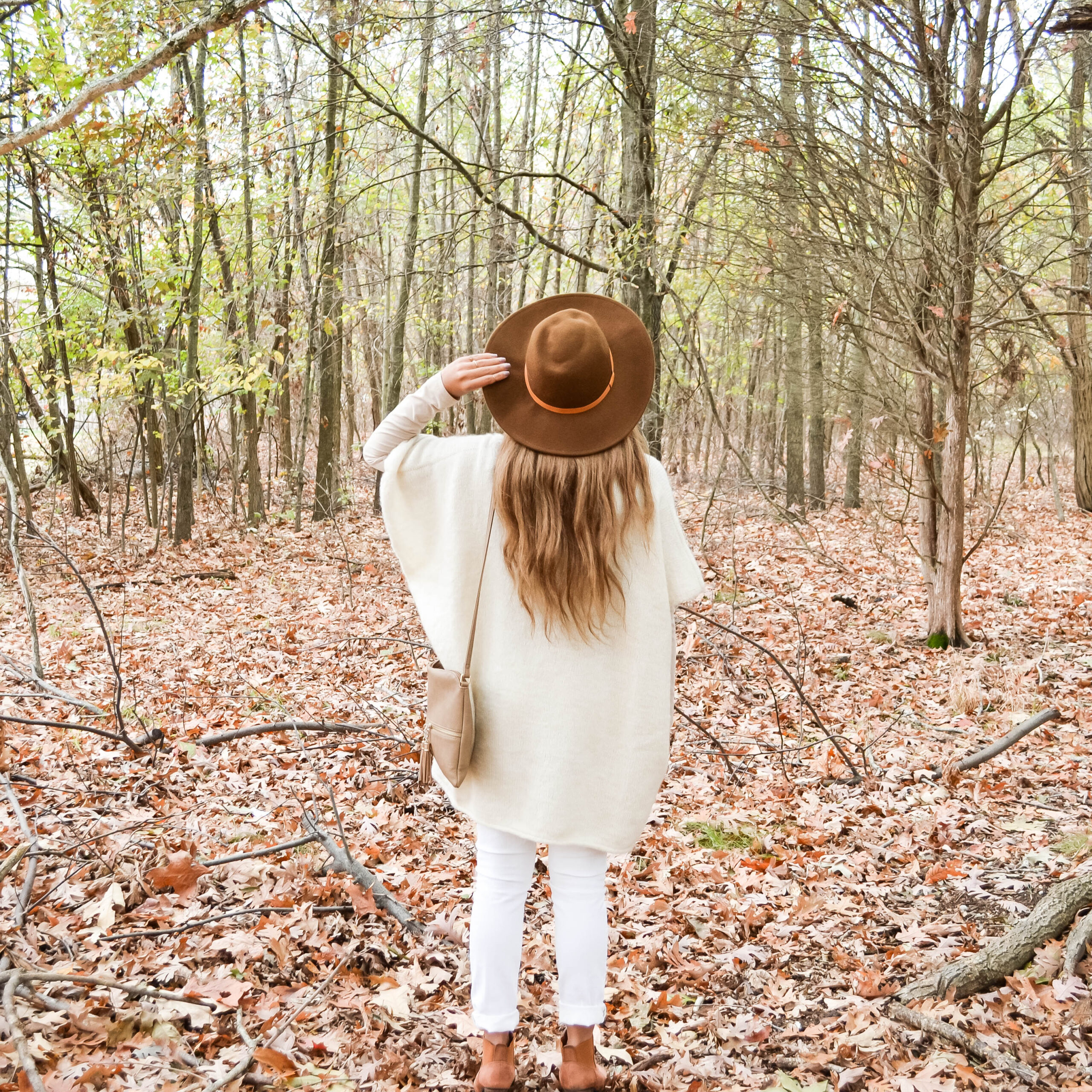 girl, hat, woods, forrest, fall, leaves