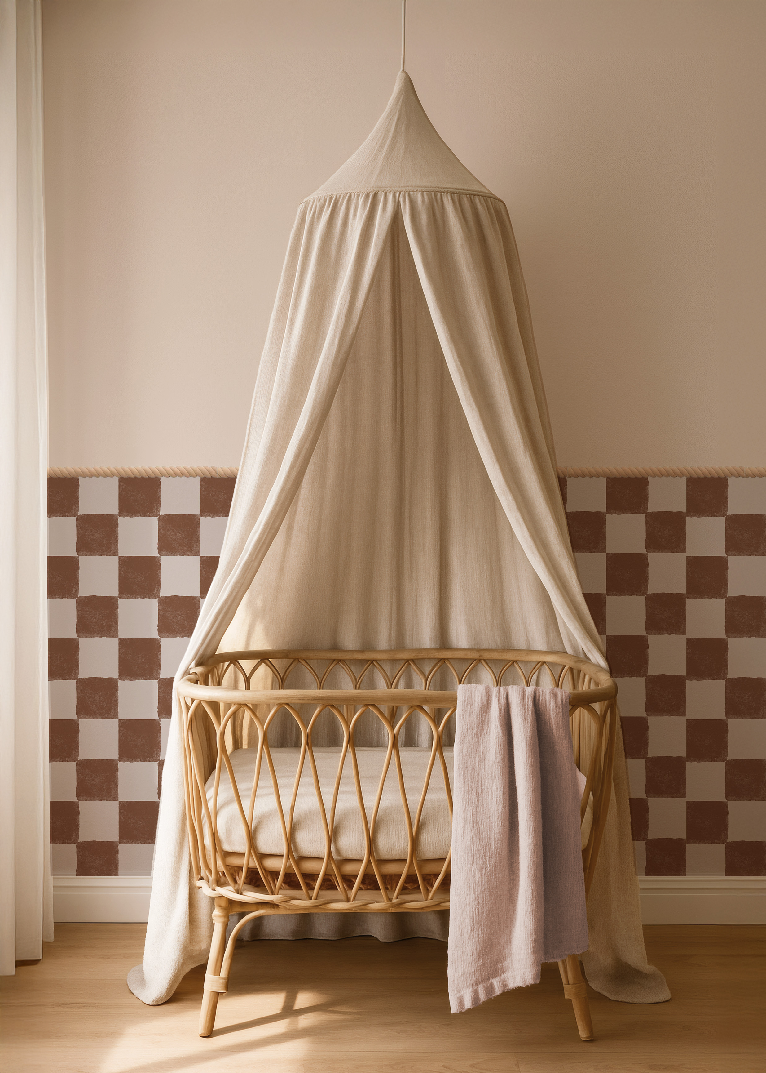 Lambrisering kinderkamerbehang ruitje chocolade bruin