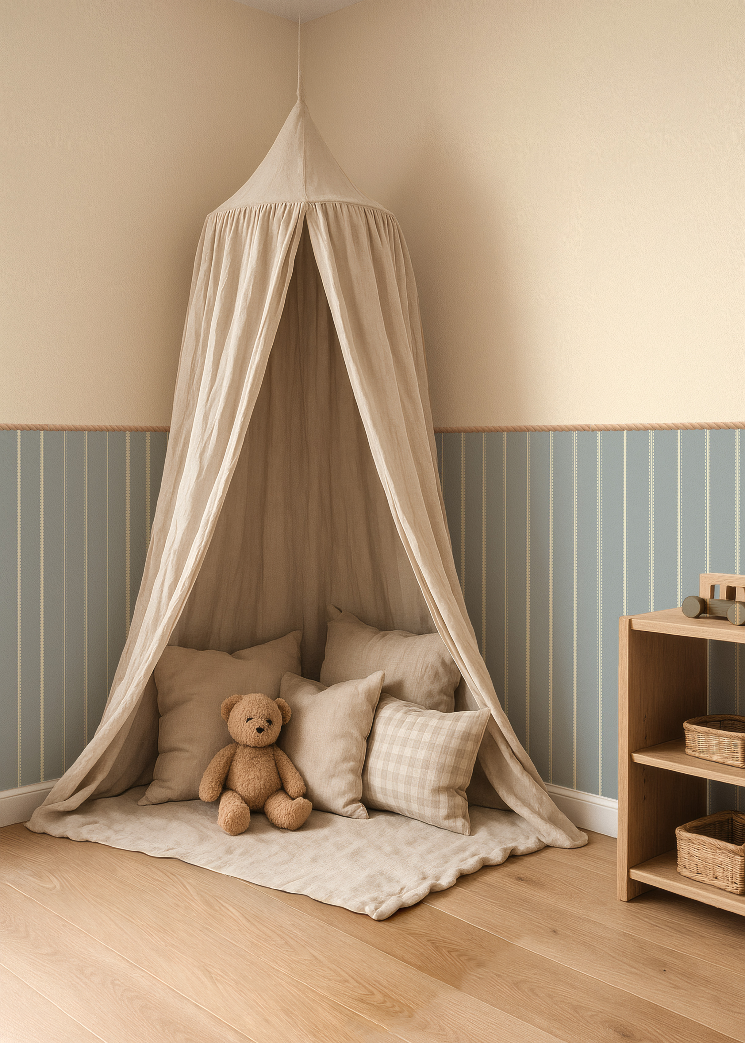 Lambrisering behang tiny stripes in vintage blue